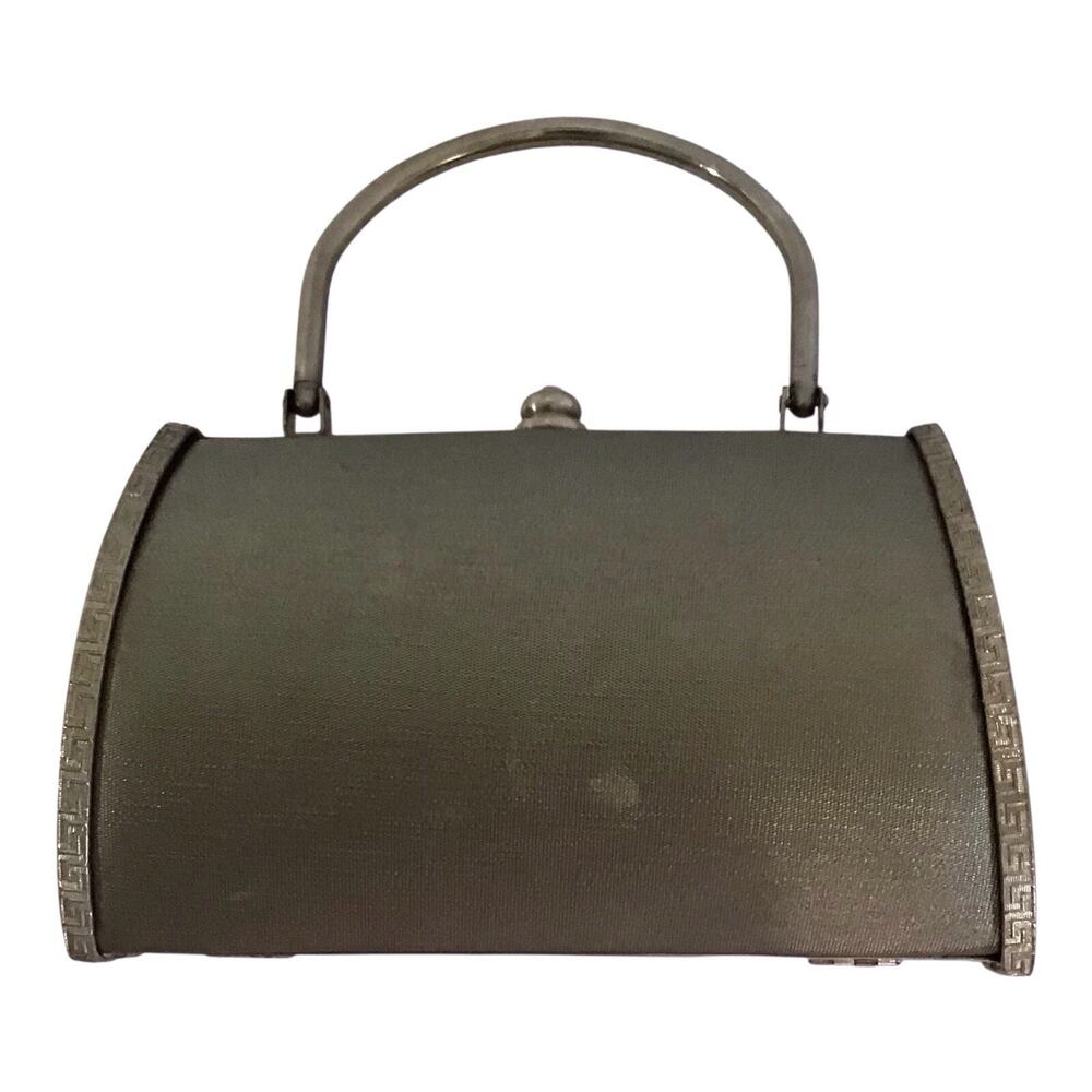 Vintage Inspired Silver Metal Clutch Evening Handbag Top Handle 8.5" x 4"